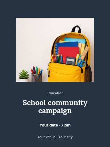 Yellow school backpack with supplies in School community campaign poster template