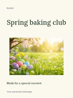 Colorful Easter eggs in spring meadow in Spring baking club · Modern programme