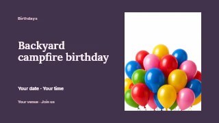 Backyard campfire birthday presentation cover template · Horizontal photo dialogue
