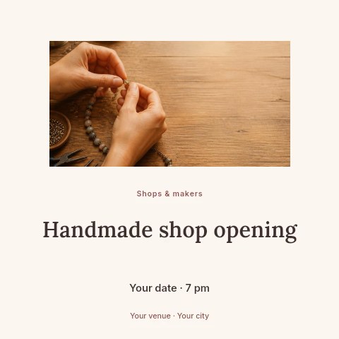 Hands crafting beaded jewelry with tools in Handmade shop opening social media post template