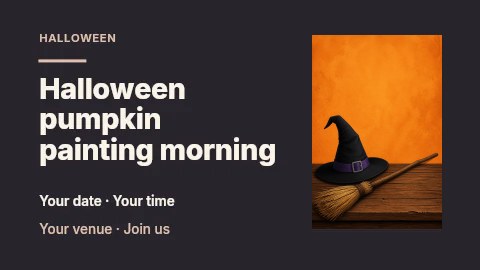 witch hat and broom on wooden table in Halloween pumpkin painting morning presentation cover · Horizontal photo dialogue