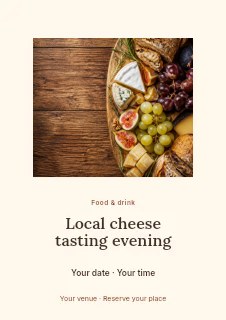 Cheese and fruit board on rustic wood in Local cheese tasting evening flyer · Picture window