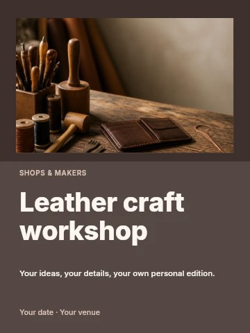 Leather crafting tools and wallets on wooden table in Leather craft workshop invitation template
