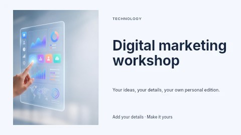 Hand interacting with futuristic digital dashboard in Digital marketing workshop presentation cover template
