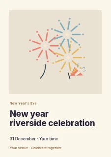 Firework celebration in coral and gold in New Year riverside celebration flyer · Gallery editorial