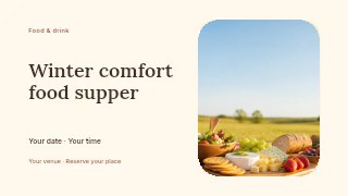 Winter comfort food supper presentation cover template · Horizontal photo dialogue