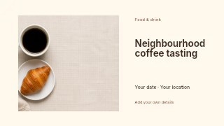 Neighbourhood coffee tasting presentation cover template · Horizontal photo dialogue