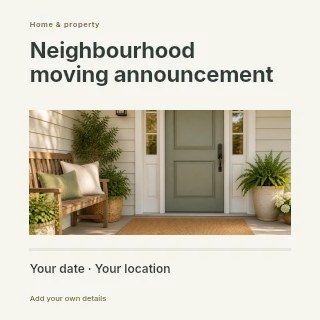 Neighbourhood moving announcement social media post template · Title & photograph