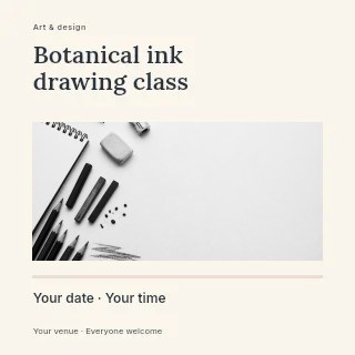 Botanical ink drawing class social media post template · Title & photograph