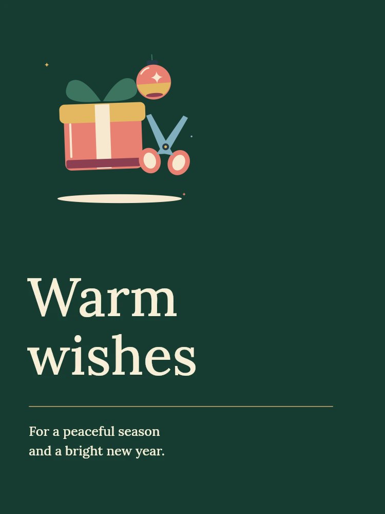 Festive gift wrapping with scissors and Christmas bauble in Warm wishes · Winter card