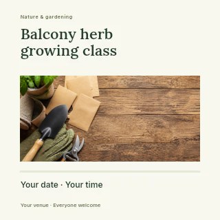 Balcony herb growing class social media post template · Title & photograph