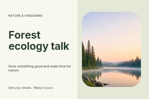 Serene forest lake at dawn in Forest ecology talk postcard template