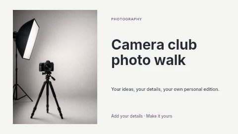 Camera on tripod with studio softbox light in Camera club photo walk youtube thumbnail template