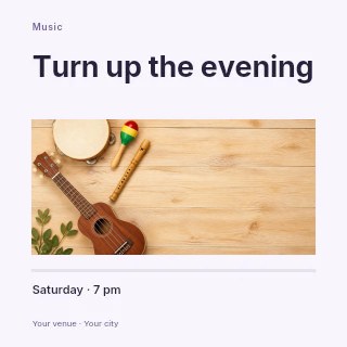 Collection of wooden musical instruments on table in Live music photo announcement · Title & photograph