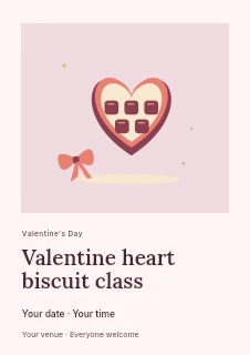 Heart shaped chocolate box and ribbon in Valentine heart biscuit class flyer · Gallery editorial