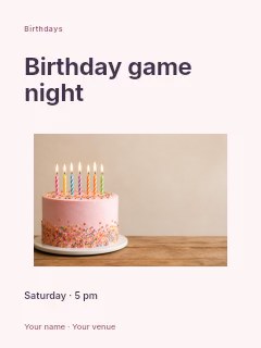 Birthday game night greeting card template · Modern programme
