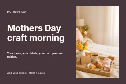 Breakfast tray with flowers and croissants in Mothers Day craft morning postcard template