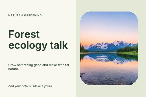 Mountain lake with forest reflection at sunset in Forest ecology talk postcard template