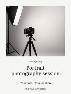 Camera on tripod with studio softbox light in Portrait photography session · Quiet photo gallery