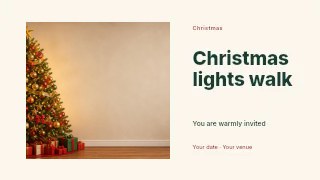 Decorated Christmas tree with presents in Christmas lights walk · Horizontal photo dialogue