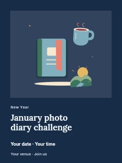 Fresh morning with a diary and warm tea in January photo diary challenge poster · Gallery editorial