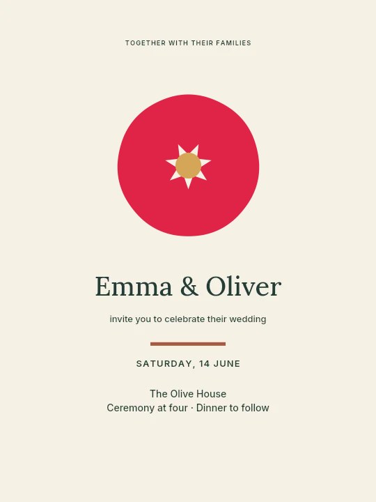 Fan flower · 7 petals and seed centre in Olive garden · Wedding invitation