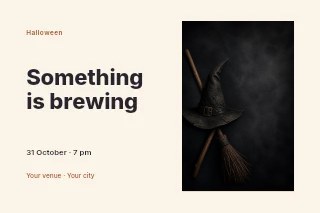old witch hat and broom on dark background in Witches supper photo layout · Horizontal photo dialogue