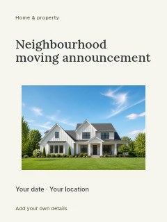 Neighbourhood moving announcement greeting card template · Modern programme