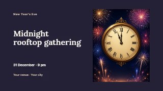 Vintage clock showing midnight with fireworks in Midnight rooftop gathering · Horizontal photo dialogue