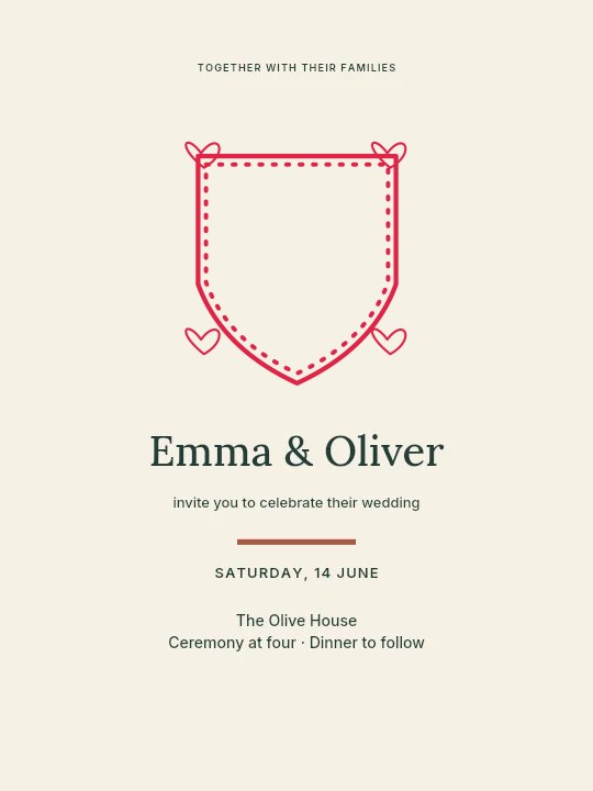 Shield frame · loop ornaments and dotted border in Olive garden · Wedding invitation