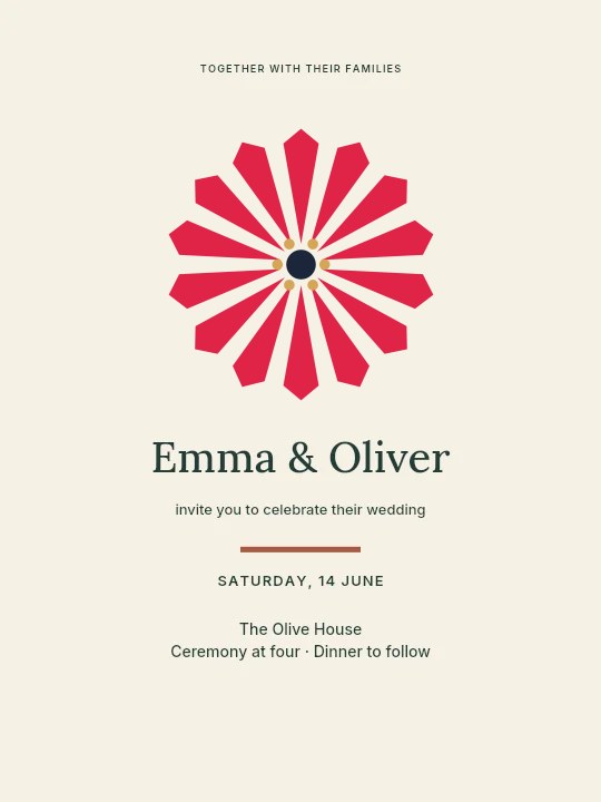 Ray flower · 14 petals and stamen centre in Olive garden · Wedding invitation