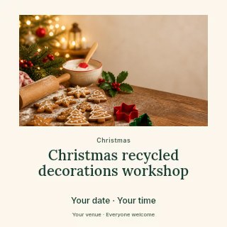 Christmas gingerbread cookies with icing in Christmas recycled decorations workshop social media post · Quiet photo gallery