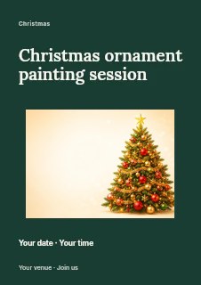 Decorated Christmas tree with gold star in Christmas ornament painting session flyer · Modern programme