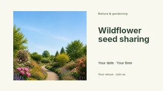 Curved stone path in vibrant flower garden in Wildflower seed sharing presentation cover · Horizontal photo dialogue