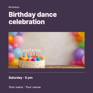 Birthday cake with candles and balloons in Birthday dance celebration · Title & photograph