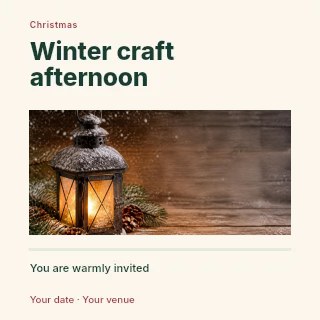 Snowy lantern with pinecones on wooden surface in Winter craft afternoon · Title & photograph