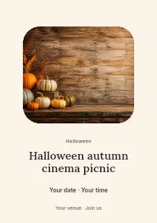 Autumn pumpkins on rustic wooden table in Halloween autumn cinema picnic flyer · Picture window