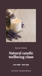 Lit candle with dried lavender on fabric in Natural candle wellbeing class instagram story · Picture window