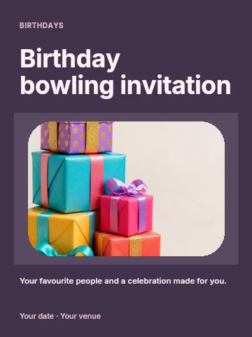 Colorful wrapped gift boxes stacked in Birthday bowling invitation template