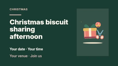 Festive gift wrapping with scissors and Christmas bauble in Christmas biscuit sharing afternoon presentation cover · Horizontal photo dialogue