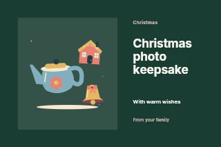 Christmas kitchen with teapot and gingerbread cottage in Christmas photo keepsake · Horizontal photo dialogue
