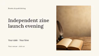 Independent zine launch evening presentation cover template · Horizontal photo dialogue