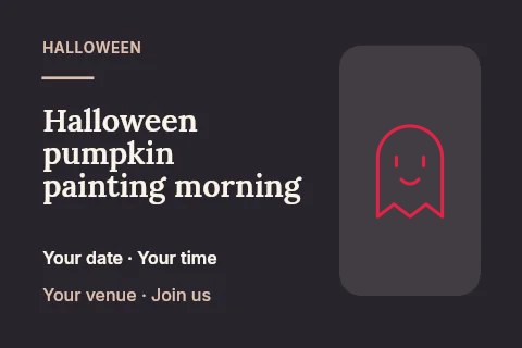 Friendly Halloween ghost · Outline in Halloween pumpkin painting morning postcard · Horizontal photo dialogue