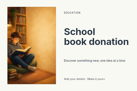 Boy reading book in cozy reading nook in School book donation postcard template
