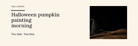 black witch hat and broom on wooden table in Halloween pumpkin painting morning banner · Horizontal photo dialogue