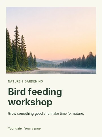 Serene forest lake at dawn in Bird feeding workshop poster template