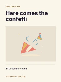 Party horn and festive confetti in New Year’s Eve confetti party photo layout · Title & photograph