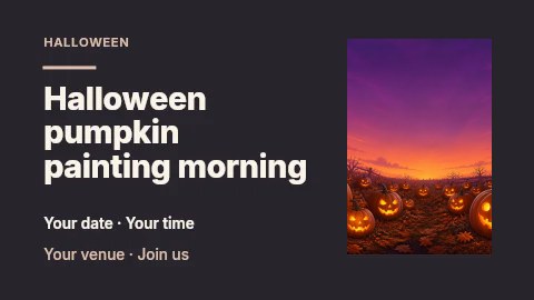 Glowing jack-o’-lantern pumpkin patch at dusk in Halloween pumpkin painting morning presentation cover · Horizontal photo dialogue