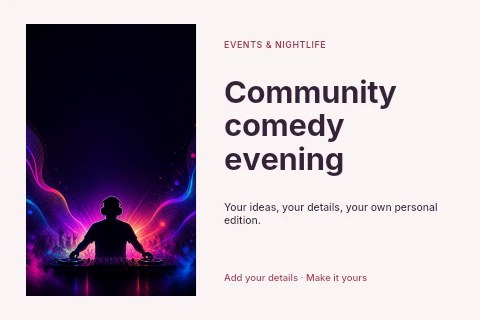 Silhouetted DJ with Vibrant Neon Light Waves in Community comedy evening postcard template
