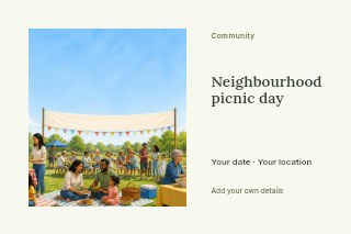 Neighbourhood picnic day postcard template · Horizontal photo dialogue